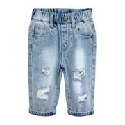 KIDSCOOL SPACE Infant Jeans,Baby Toddler Elastic Waist with D-ring 4 Ripped Holes Denim Pants,Light Blue,12-18 Months